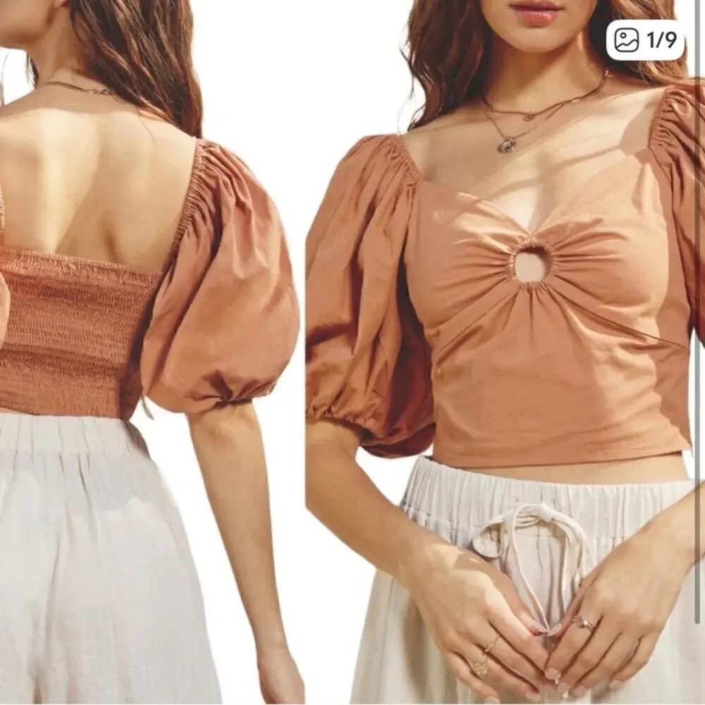 Abercrombie & Fitch Terracotta beige O-Ring Sweatheart Puff Sleeve Poplin Top XS